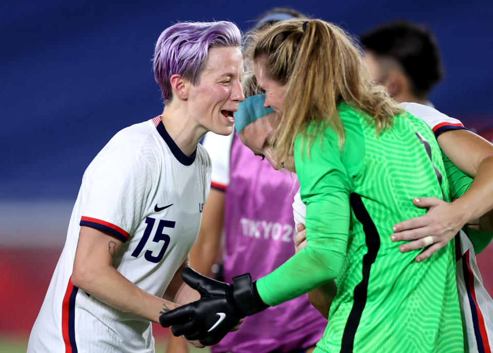 Megan Rapinoe (15) converted the winning penalty and Alyssa Naeher made several huge saves as the USWNT beat the Netherlands to reach the Olympic semifinals. (Photo by Laurence Griffiths/Getty Images)