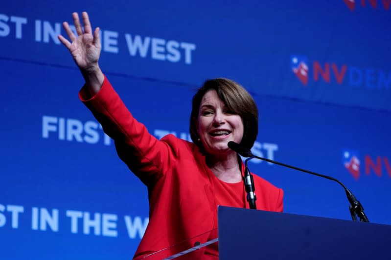 Amy Klobuchar appears on stage at a First in the West Event at the Bellagio Hotel in Las Vegas