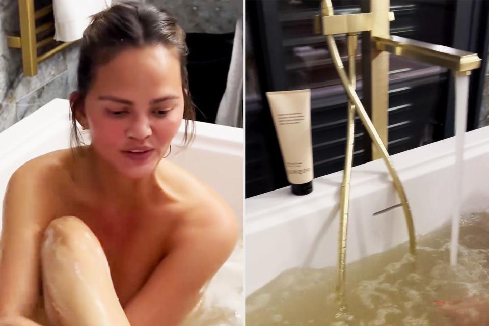 <p>Chrissy Teigen/Instagram</p> Chrissy Teigen taking a bath on June 18, 2024