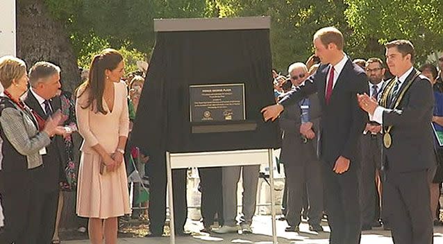 The Duke and Duchess of Cambridge unveil the plaque naming Prince George Plaza at Playford Civic Centre on April 23. Photo: 7News.