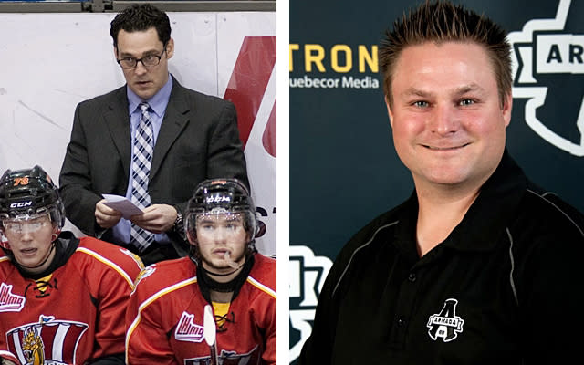 Drakkar coach Eric Veilleux (left) and Armada coach J-F Houle left their teams this week to coach in the pro ranks, leaving both teams without a head coach. ( CP / Ghyslain Bergeron (L), bakersfieldcondors.com (R) )