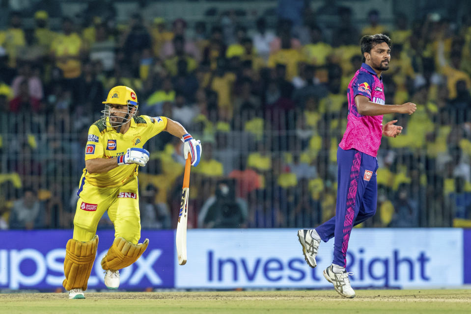 MS Dhoni of Chennai Super Kings scores a run during the Indian Premier League (IPL) cricket match between Chennai Super Kings and Rajasthan Royals in Chennai, India, Wednesday, April 12, 2023. (AP Photo/ R. Parthibhan)