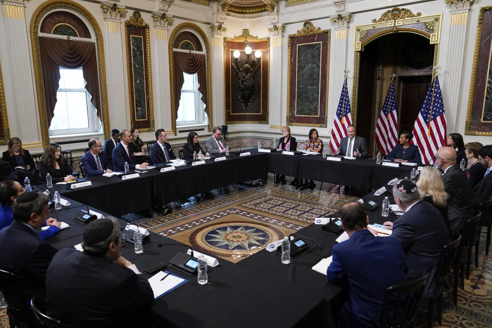 Doug Emhoff, the husband of Vice President Kamala Harris, speaks during a roundtable discussion with Jewish leaders about the rise in antisemitism and efforts to fight hate in the United States in the Indian Treaty Room in the Eisenhower Executive Office Building on the White House Campus in Washington, Wednesday, Dec. 7, 2022. (AP Photo/Patrick Semansky)