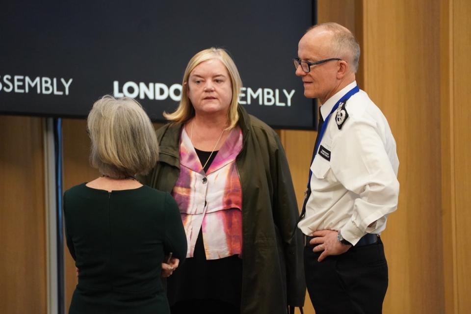 Metropolitan Police Commissioner Sir Mark Rowley with Baroness Louise Casey before answering question from the London Assembly police and crime committee at City Hall (PA)