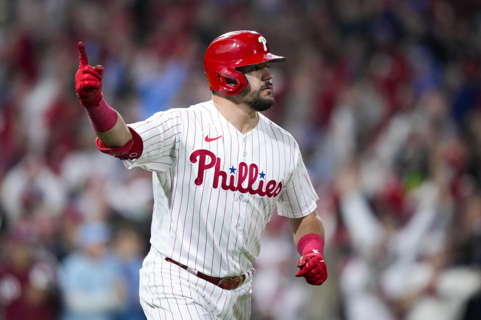 Philadelphia Phillies' Kyle Schwarber celebrates after a home run against the Arizona Diamondbacks during the sixth inning in Game 2 of the baseball NL Championship Series in Philadelphia, Tuesday, Oct. 17, 2023. (AP Photo/Matt Slocum)