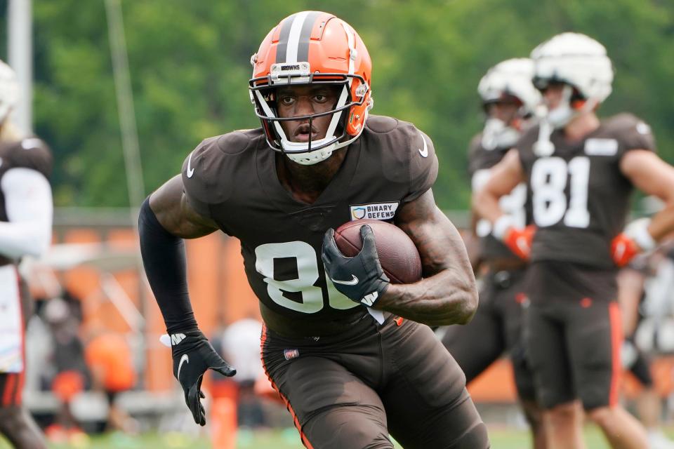 Cleveland Browns wide receiver Austin Watkins Jr. participates in a drill Aug. 1 in Berea.