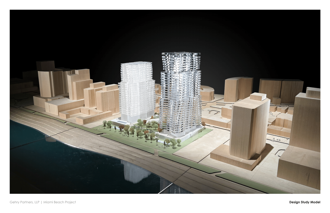 A rendering by architect Frank Gehry shows a proposed development project at the former Deauville site in Miami Beach.