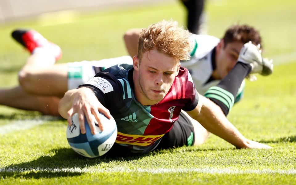 Louis Lynagh touches down for Quins during their victory over Newcastle - GETTY IMAGES