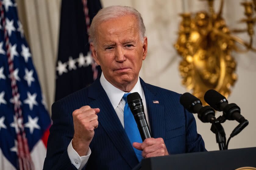WASHINGTON, DC - NOVEMBER 09: President Joe Biden responds to a question from a reporter during a news conference a day after the midterm elections, from the State Dining Room of the White House in State on Wednesday, Nov. 9, 2022 in Washington, DC. (Kent Nishimura / Los Angeles Times)