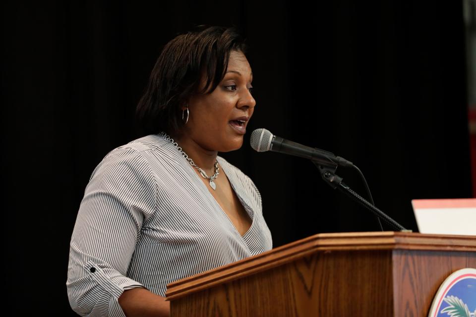 Sabal Palm Elementary School Principal Anicia Robinson speaks during a ribbon-cutting ceremony held to introduce the school as a community partnership school Tuesday, Sept. 10, 2019. 