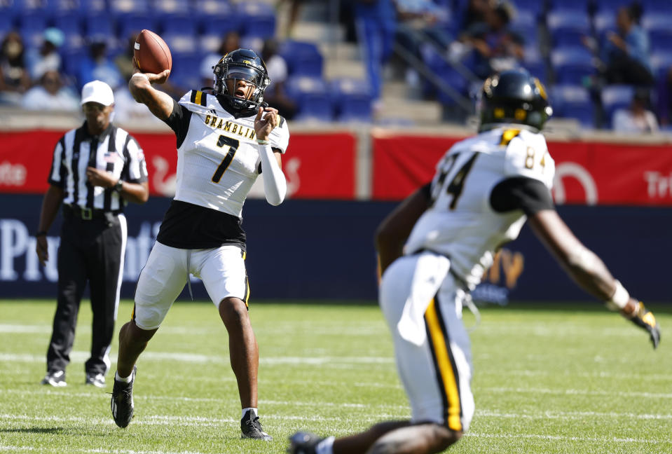 Grambling quarterback Myles Crawley (7) throws a pass against Hampton during the first half of an NCAA college football game, Saturday, Sept. 2, 2023, in Harrison, N.J. (AP Photo/Noah K. Murray)