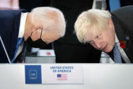 FILE - US President Joe Biden, left, and British Prime Minister Boris Johnson attend the opening session of the G20 summit at the La Nuvola conference center, in Rome, Saturday, Oct. 30, 2021. British media say Prime Minister Boris Johnson has agreed to resign on Thursday, July 7 2022, ending an unprecedented political crisis over his future. (Stefan Rousseau/Pool Photo via AP, File)