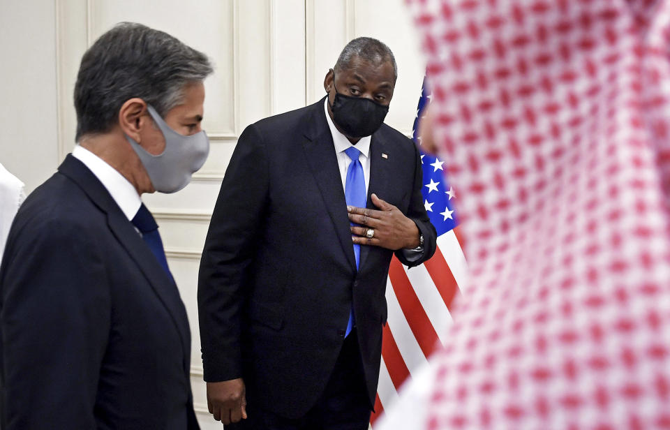 Secretary of State Antony Blinken and Secretary of Defense Lloyd Austin arrive for a joint press conference at the Ministry of Foreign Affairs in Doha, Qatar, on Sept. 7, 2021. (Olivier Douliery / Pool via AP)