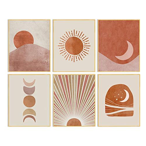 HZSYF Boho Wall Decor Art Prints-Minimalist Mid Century Modern Abstract Line Artwork Bohemian Pictures Sun Moon Posters Canvas Painting Home Living Room Bedroom Bathroom Decorations 8x10inch Unframed