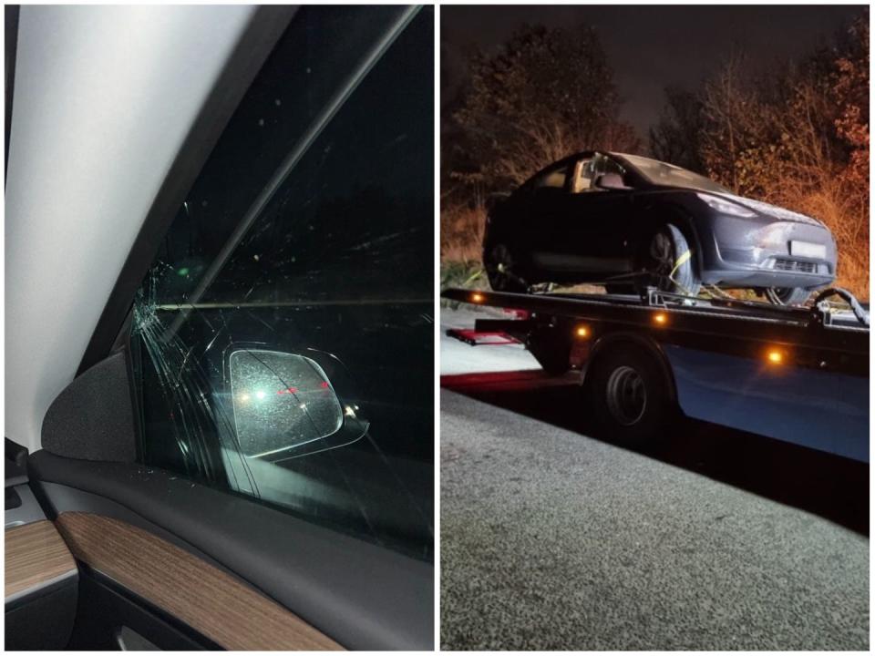 Collage of the driver's window broken and the car attached at the back of the road assistance's truck.