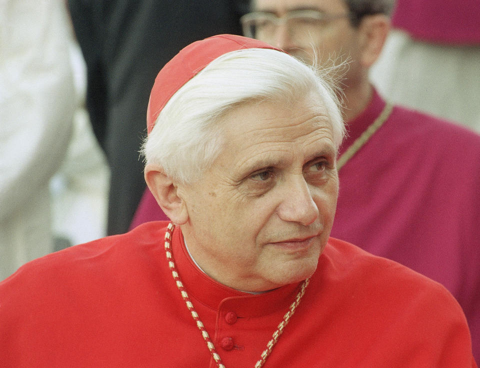 FILE - German Cardinal Joseph Ratzinger, Prefect of the Congregation for the Doctrine of the Faith and President of the Pontifical Biblical Commission and of the International Theological Commission, at the Vatican, on May 30, 1991. When Cardinal Joseph Ratzinger became Pope Benedict XVI and was thrust into the footsteps of his beloved and charismatic predecessor, he said he felt a guillotine had come down on him. The Vatican announced Saturday Dec. 31, 2022 that Benedict, the former Joseph Ratzinger, had died at age 95. (AP Photo/CL, File)