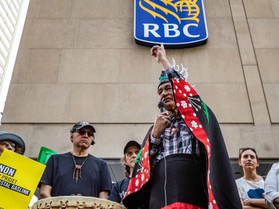  Protesters, including Wet’suwet’en hereditary chief Na’moks, gathered outside of the RBC building in Montreal to protest the bank’s involvement in the pipelines on Wet’suwet’en land.