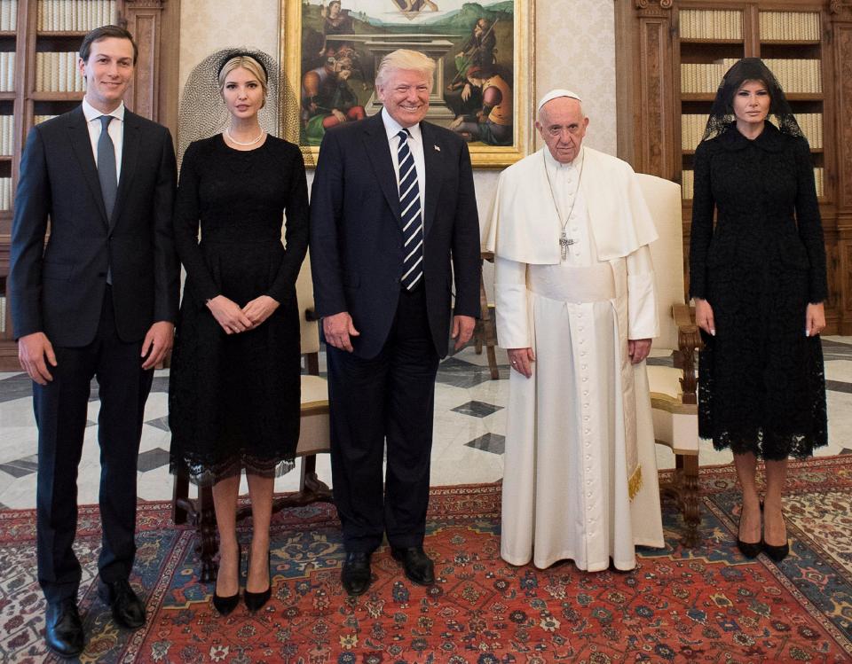 Pope Francis poses with US President Donald Trump, his wife Melania, Jared Kushner and Ivanka Trump during a private audience at the Vatican, May 24 - Credit:  OSSERVATORE ROMANO/REUTERS