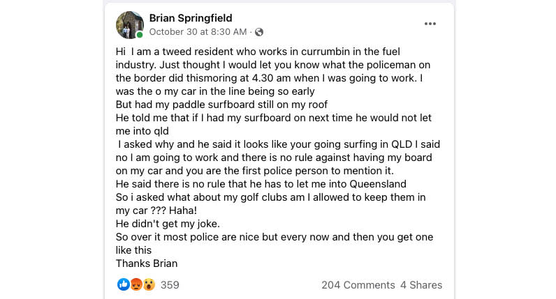 A screenshot of Brian Springfield's Facebook post after the ordeal at the border. Source: Facebook