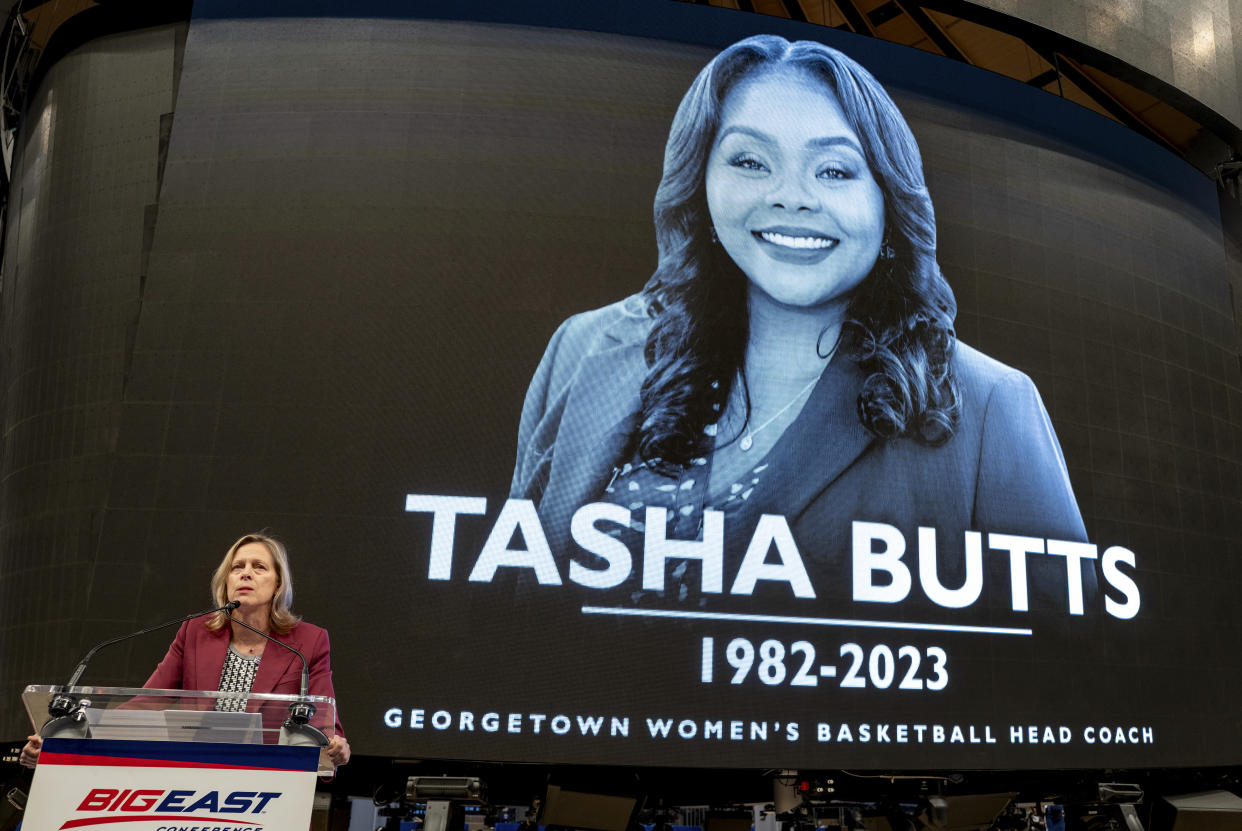 Big East Commissioner Val Ackerman delivers remarks regarding Georgetown women's basketball coach Tasha Butts during the Big East NCAA college basketball media day at Madison Square Garden in New York Tuesday, Oct. 24, 2023. Butts died Monday after a two-year battle with breast cancer, the school's athletic director said. (AP Photo/Craig Ruttle)