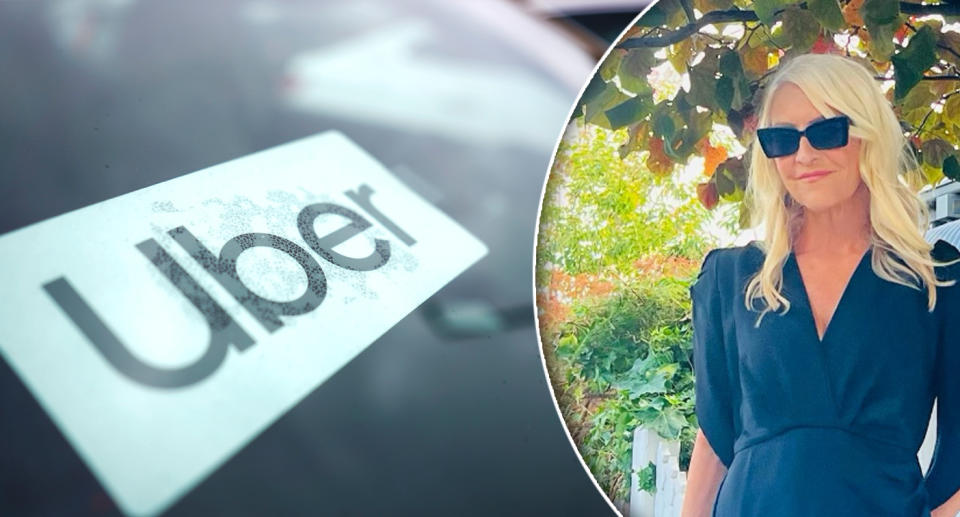 Left: The Uber logo can be seen on a sticker stuck against a car windshield. Right: Jo Hall smiles to the camera, wearing black sunglasses and a navy dress. 