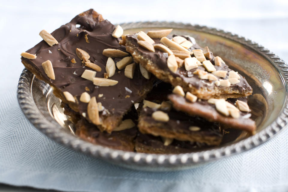 In this image taken on March 4, 2013, matzo toffee bar crunch served in a bowl is shown in Concord, N.H. (AP Photo/Matthew Mead)