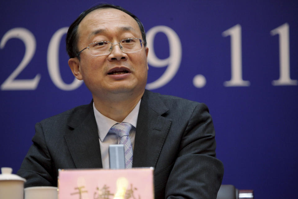 Yu Haibin, deputy director of the Office of China National Narcotics Control Commission, speaks during a press conference on cracking down on fentanyl trafficking in Xingtai in northern China's Hebei province Thursday, Nov. 7, 2019. Yu called allegations that Chinese supply is at the root of America's opioid problem "irresponsible and inconsistent with the actual facts." (AP Photo/Erika Kinetz)