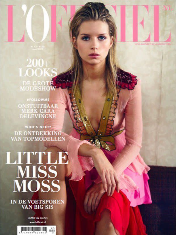 Lottie Moss auf dem Cover von L’Officiel, März 2016, in Gucci Look 20 von der Frühjahr/Sommer Kollektion 2016.