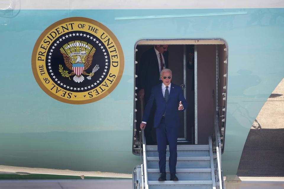 President Joe Biden, traveling aboard Air Force One, arrives at Austin-Bergstrom International Airport at 2:48 p.m. Monday.