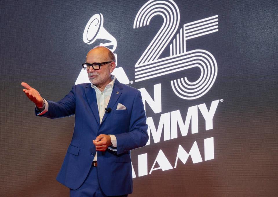 Manuel Abud, CEO of the Latin Recording Academy, announces the Latin Grammy coming to Miami in November, 2024 during a press conference at the Kaseya Center in Miami, Florida on Wednesday, April 17, 2024. Carl Juste/cjuste@miamiherald.com