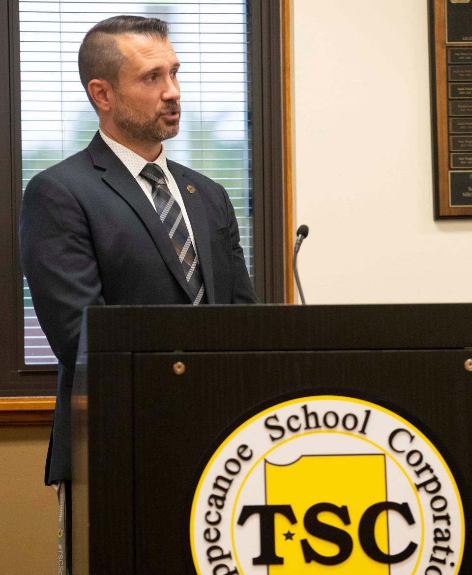 Tippecanoe School Corporation Director of Technology Innovation Devin Arms announces the Tippecanoe Online Academy during a TSC Board of Trustees meeting, Wednesday, Sept. 13, 2023, at the TSC Administration Building in Lafayette, Ind.