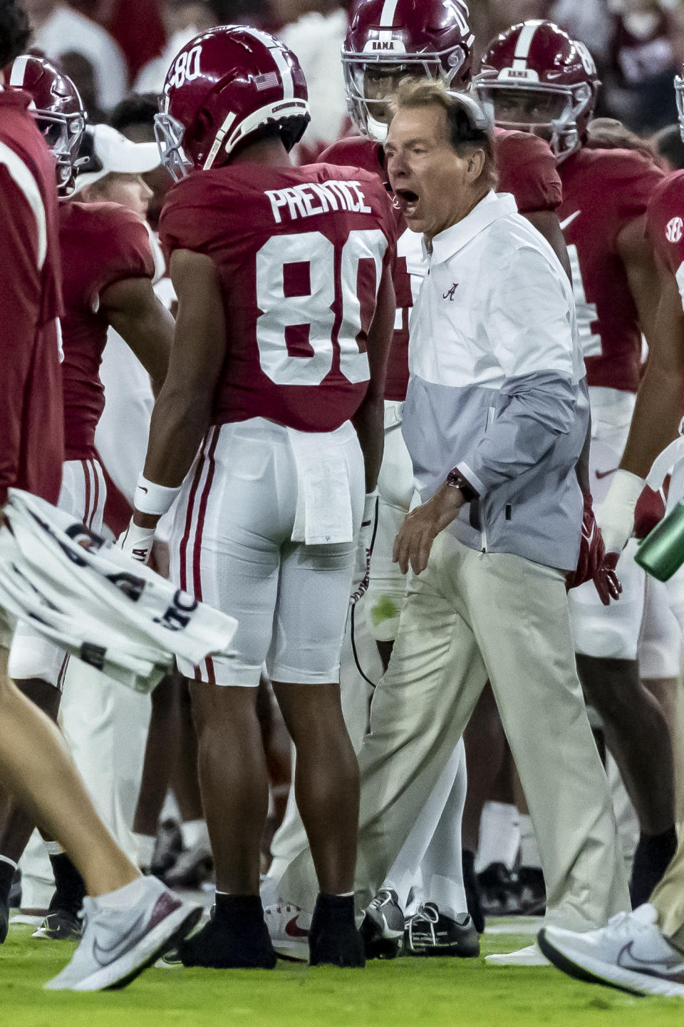 Alabama head coach Nick Saban watches along the sideline during the first half of the team's NCAA college football game against Mississippi State, Saturday, Oct. 22, 2022, in Tuscaloosa, Ala. (AP Photo/Vasha Hunt)