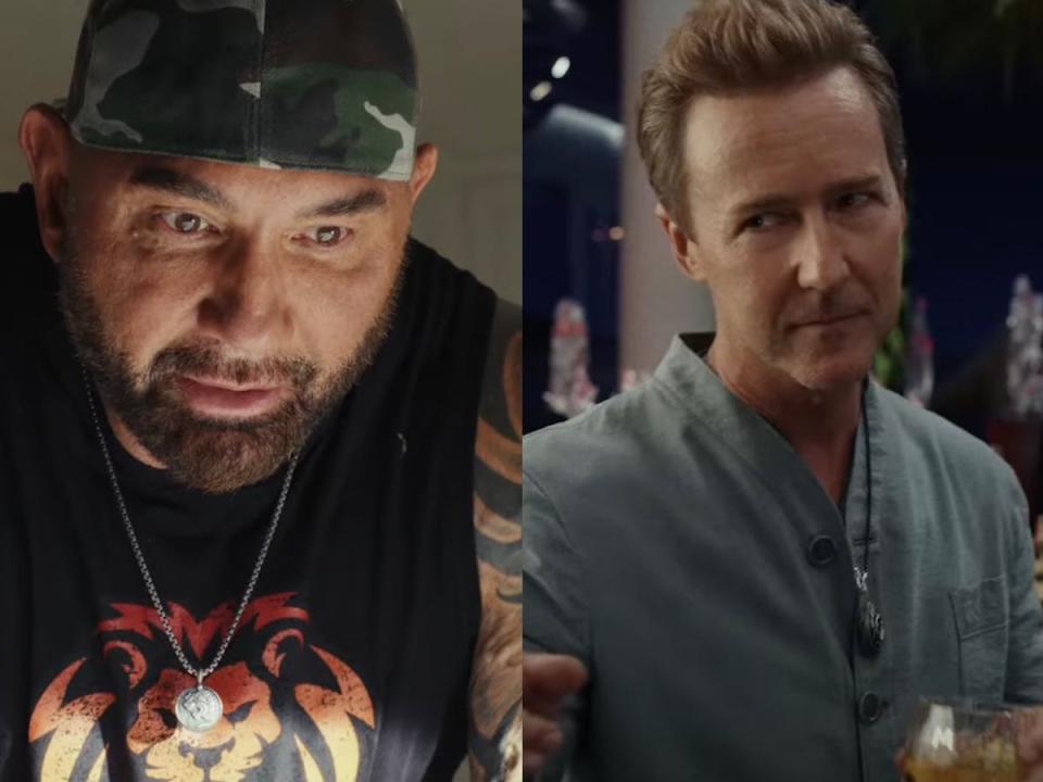 Dave Bautista as Duke Cody and Edward Norton as Miles Bron.