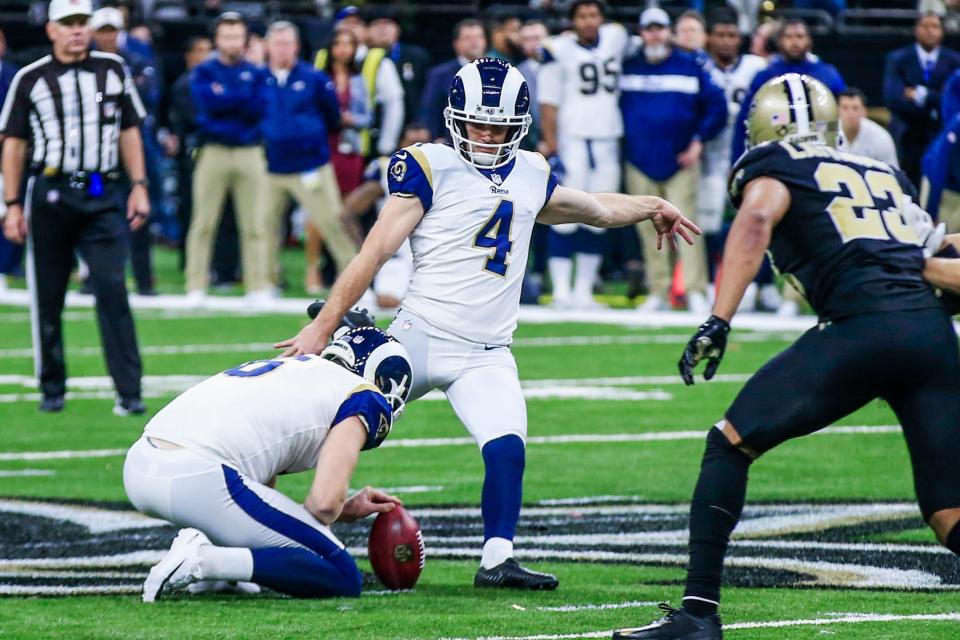 Greg Zurlein's overtime field goal sent the Rams to the Super Bowl with victory over the Saints (EPA)