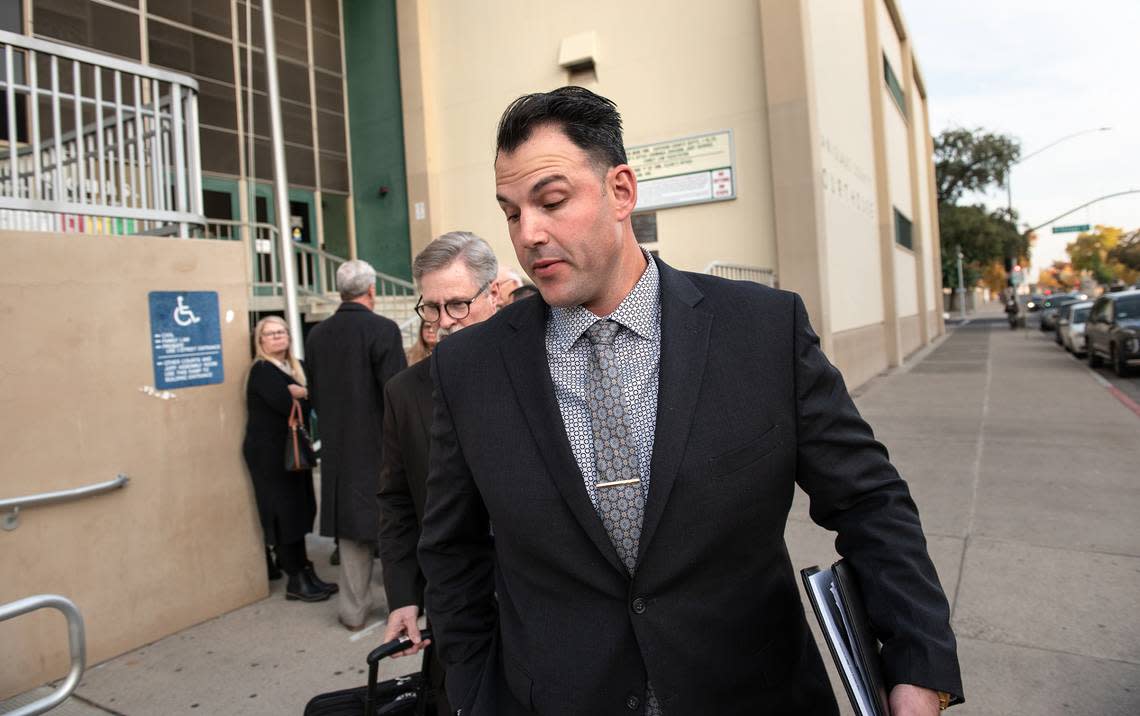 Joseph Lamantia leaves the Stanislaus County Superior Court in Modesto, Calif., Tuesday, Nov. 22, 2022. Lamantia, a former Modesto Police officer, shot and killed Trevor Seever in 2020. A hearing is being held before Judge Carrie Stephens to determine whether there is enough evidence for Lamantia to stand trial.