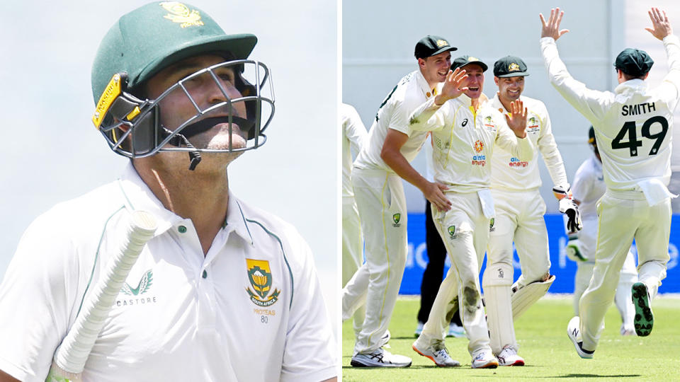 South African captain Dean Elgar was run-out for the first time in his 81-Test career by Marnus Labuschagne in the first innings of the Boxing Day Test. Pictures: Getty Images