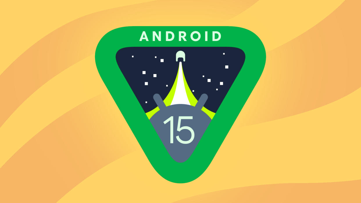  Android 15 badge on yellow backdrop. 