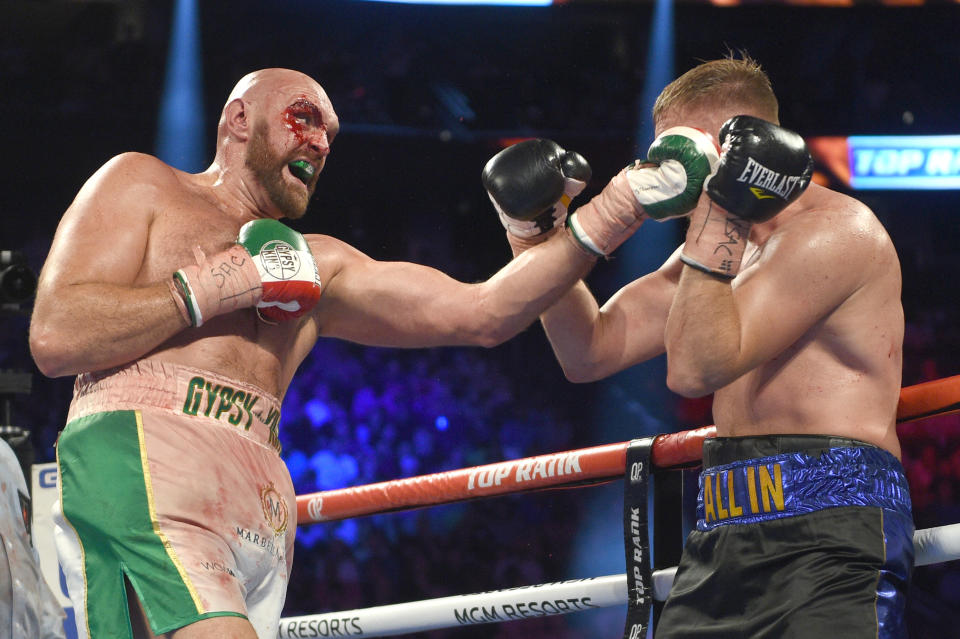 LAS VEGAS, NEVADA - SEPTEMBER 14: Tyson Fury (L) and Otto Wallin fight during their heavyweight bout at T-Mobile Arena on September 14, 2019 in Las Vegas, Nevada. Tyson won by an unanimous decision after the 12-round bout.  (Photo by David Becker/Getty Images)