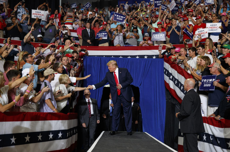 President Donald Trump arrives to speaks at a campaign rally at Williams Arena in Greenville, N.C., Wednesday, July 17, 2019. (AP Photo/Carolyn Kaster)