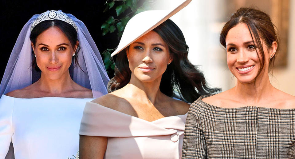 <p>Meghan Markle’s silhouette of choice seems to be the off-the-shoulder look. (Photo: Getty Images; photo art: Quinn Lemmers for Yahoo Lifestyle) </p>