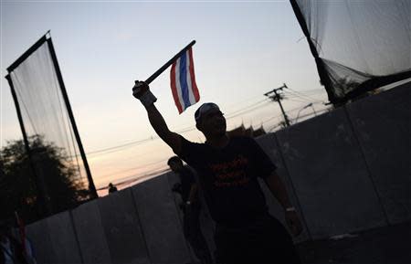 An anti-government protester waves a Thai flag after tearing down barricades during a demonstration outside Government House in Bangkok November 30, 2013. REUTERS/Dylan Martinez