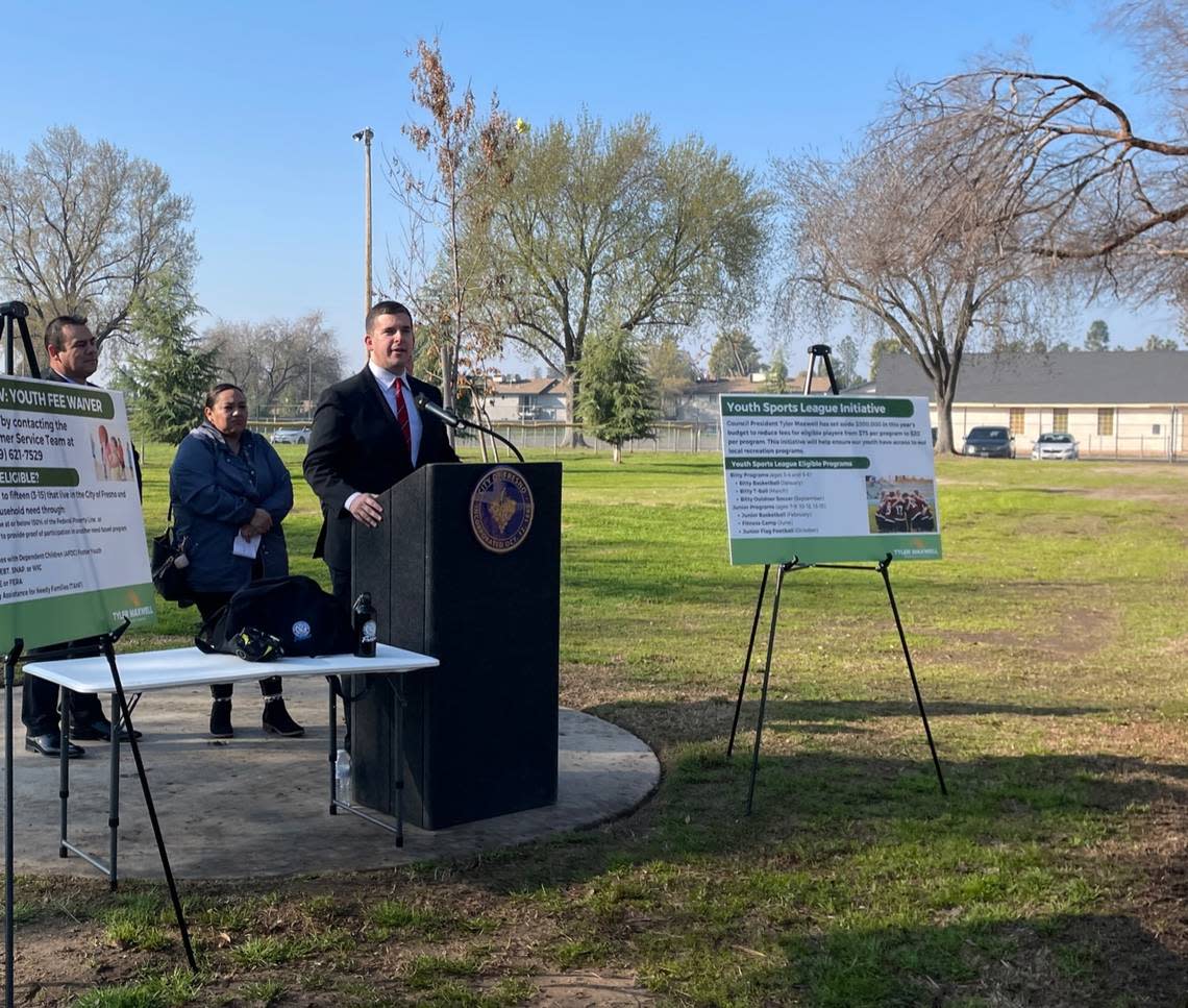 Fresno City Council President Tyler Maxwell and Mayor Jerry Dyer launch the Youth Sports Fee Waiver Program on Jan. 23, 2023 at Einstein Park, which will allocate $300,000 of Measure P funds to reduce city-sponsored sports fees for eligible children.