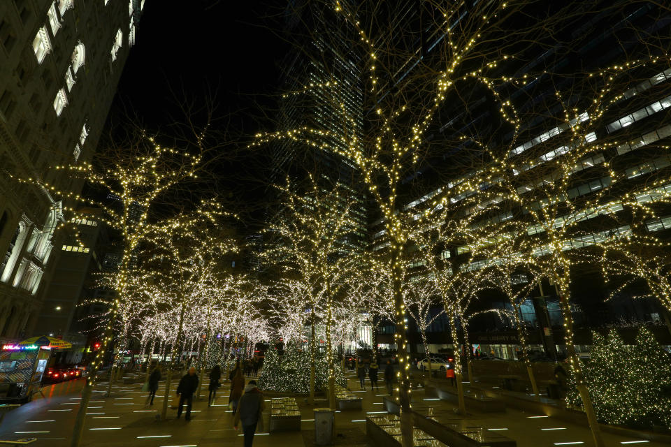 Delicate lights decorate the trees in Zuccotti Park in lower Manhattan. (Photo: Gordon Donovan/Yahoo News)