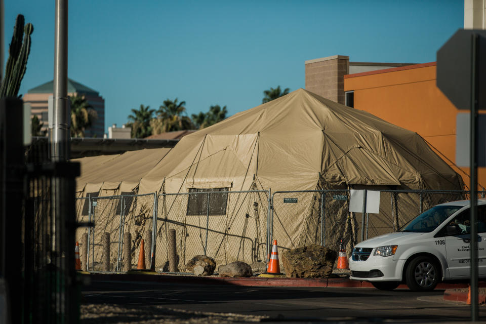 Temporary medical tents stand at the Carl T. Hayden VA Medical Center in Phoenix, Arizona, the state has emerged as one of the country's newest coronavirus hot spots, with the weekly average of daily cases more than doubling from two weeks ago. Source: Getty Images