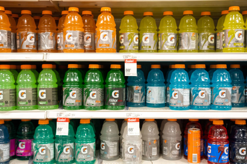 A shelf of Gatorade