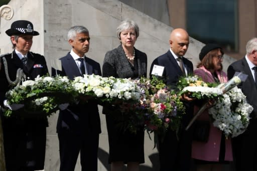 London Mayor Sadiq Khan, Prime Minister Theresa May and Home Secretary Sajid Javid laid floral tributes during the commemorations