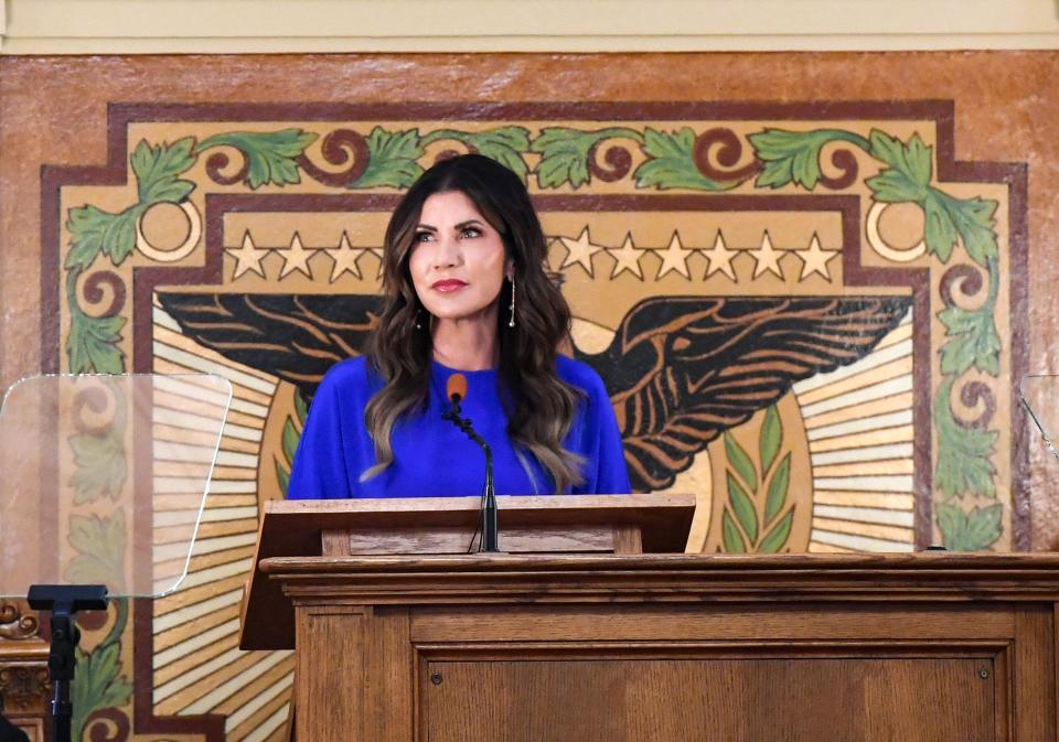 Governor Kristi Noem gives the State of the State address on Tuesday, January 10, 2023, at the South Dakota State Capitol in Pierre.