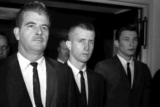 <p>AP Photo</p> Barry Keenan, middle, leaves court in Los Angeles March 4, 1964. Co-defendant John Irwin is on the left and defendant Joseph Amsler is on right.