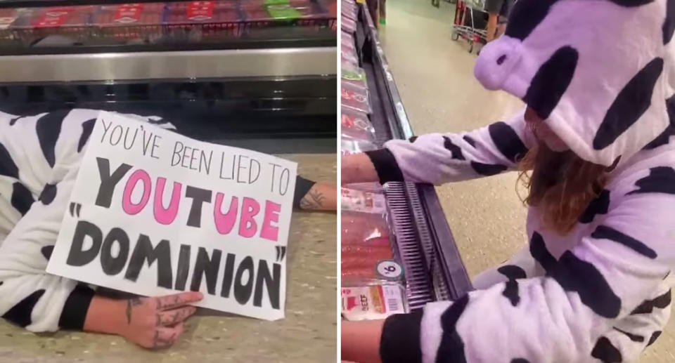 Photo of a vegan dressed in a cow onesie performing activism in a Perth Woolworths store.