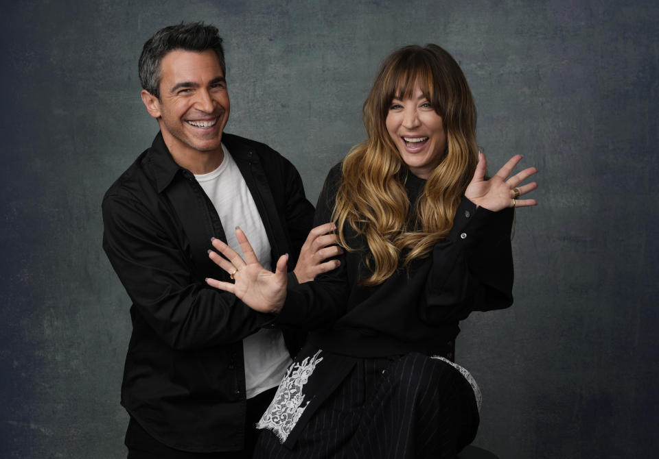 Chris Messina, left, and Kaley Cuoco, cast members in the Peacock series "Based on a True Story," pose for a portrait, Wednesday, May 24, 2023, at the London Hotel in West Hollywood, Calif. (AP Photo/Chris Pizzello)